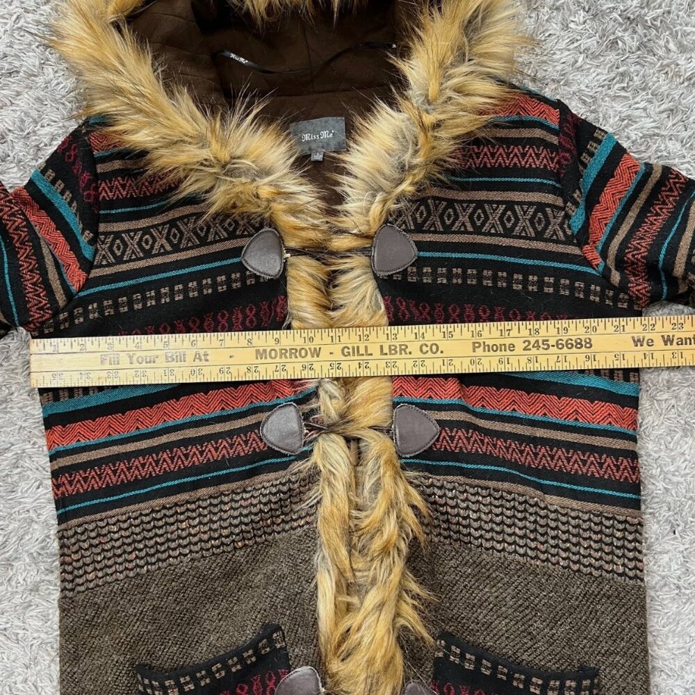 Miss Me Brown Faux Fur Trim Southwestern Toggle L Coat Quilt Lined Wool Blend - Picture 7 of 9